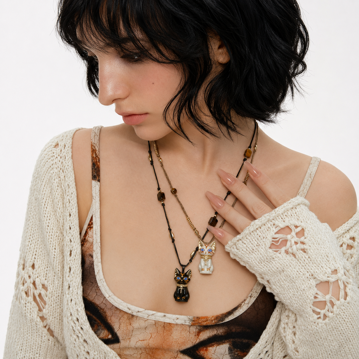 Eye of Life Cat Pendant Necklace with Tiger’s Eye Beads