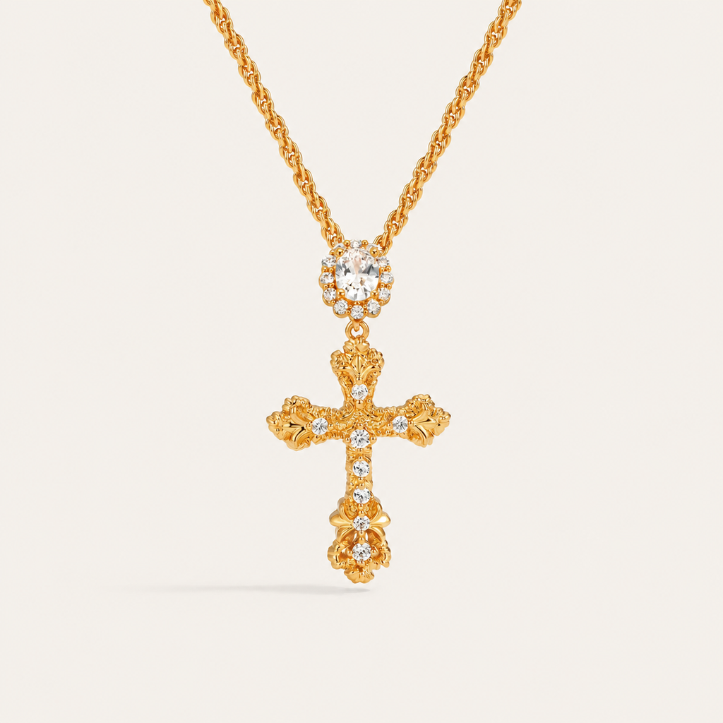Vintage Gold Cross Pendant Necklace with Sparkling Cubic Zirconia