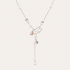 Romantic Pearl Drop Necklace with Pink Crystal Charm and Layered Silver-Tone Chain