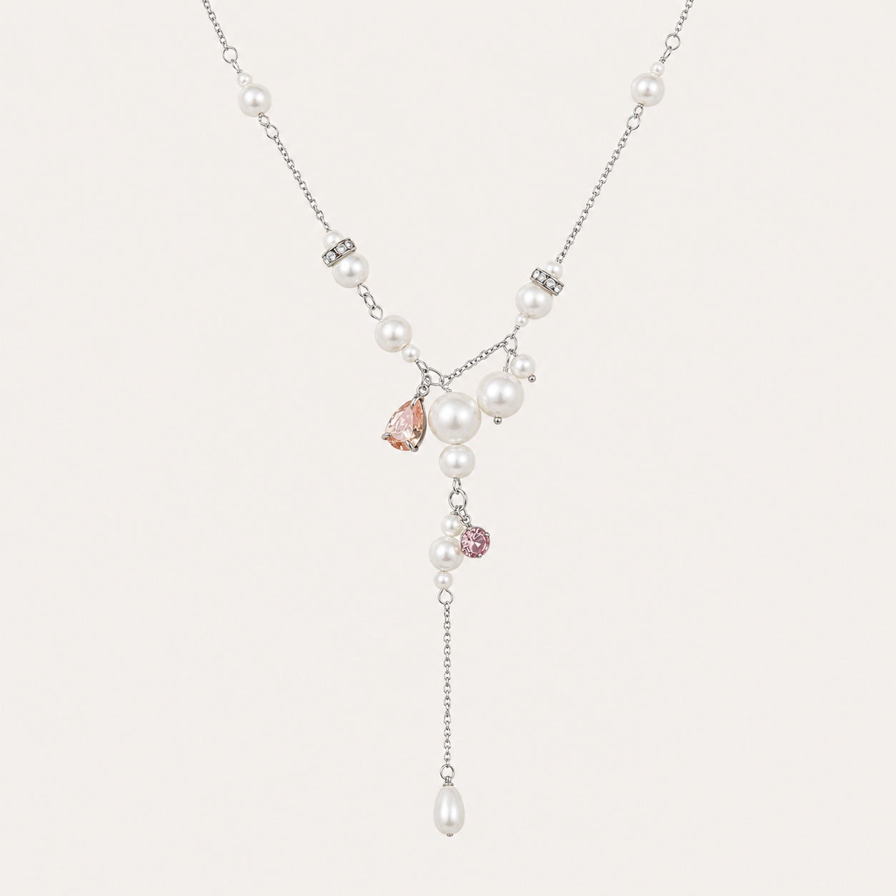 Romantic Pearl Drop Necklace with Pink Crystal Charm and Layered Silver-Tone Chain