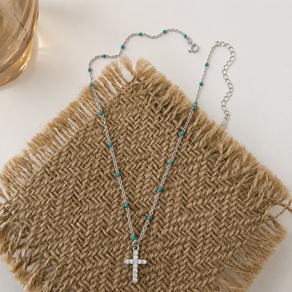 Cross Pendant Necklace with Turquoise Beads – Sparkling Crystal Chain Jewelry