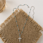 Cross Pendant Necklace with Turquoise Beads – Sparkling Crystal Chain Jewelry