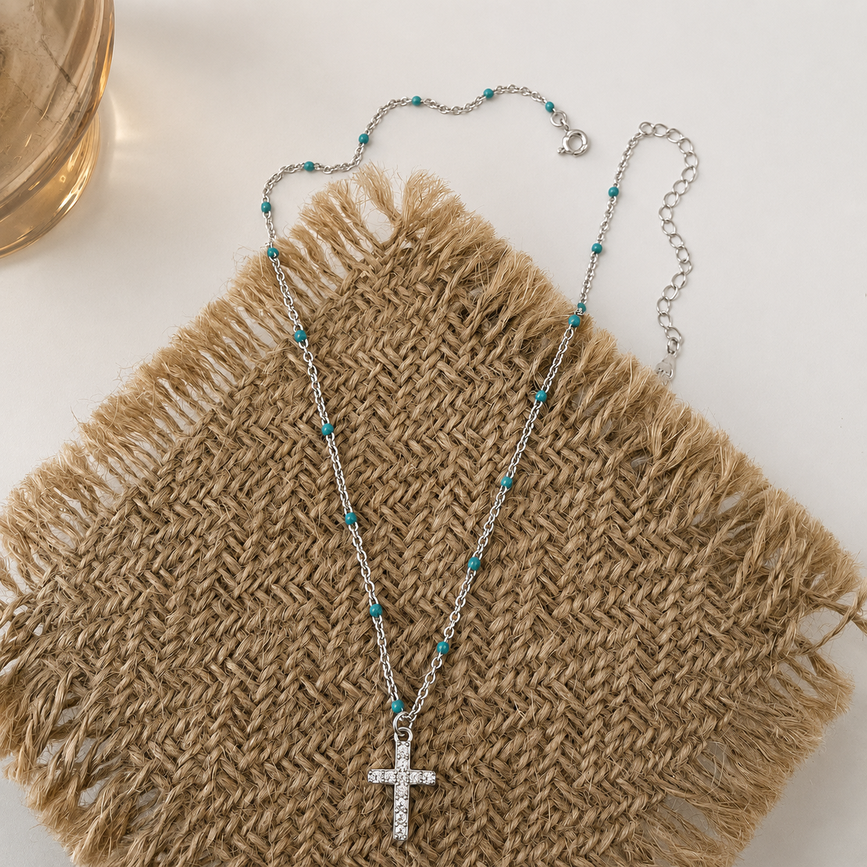 Cross Pendant Necklace with Turquoise Beads – Sparkling Crystal Chain Jewelry