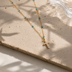 Cross Pendant Necklace with Turquoise Beads – Sparkling Crystal Chain Jewelry