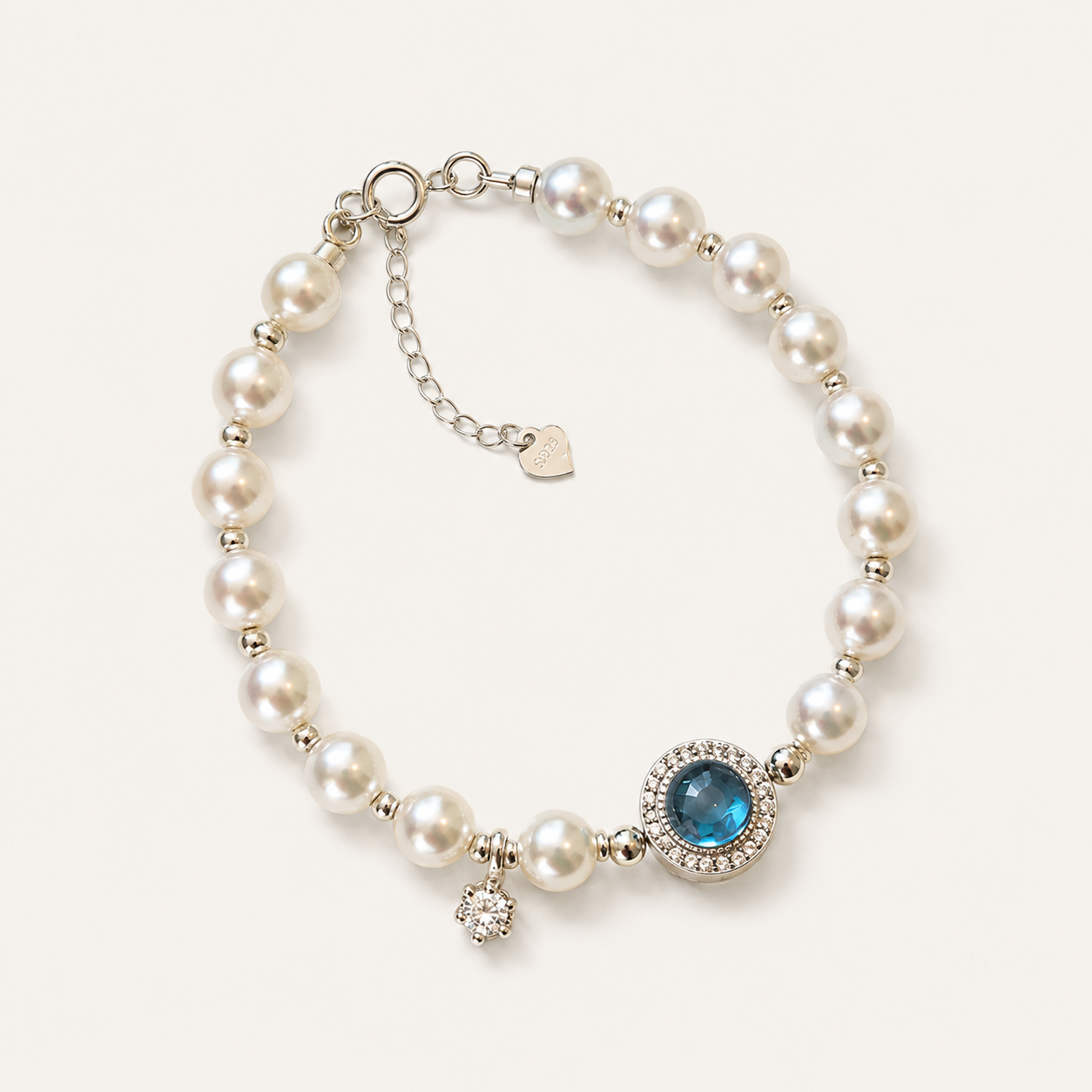 Elegant Ocean Blue Pearl Bracelet with Silver-Tone Zircon Charm