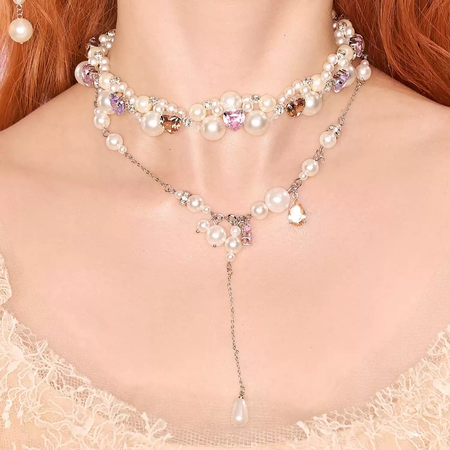 Romantic Pearl Drop Necklace with Pink Crystal Charm and Layered Silver-Tone Chain