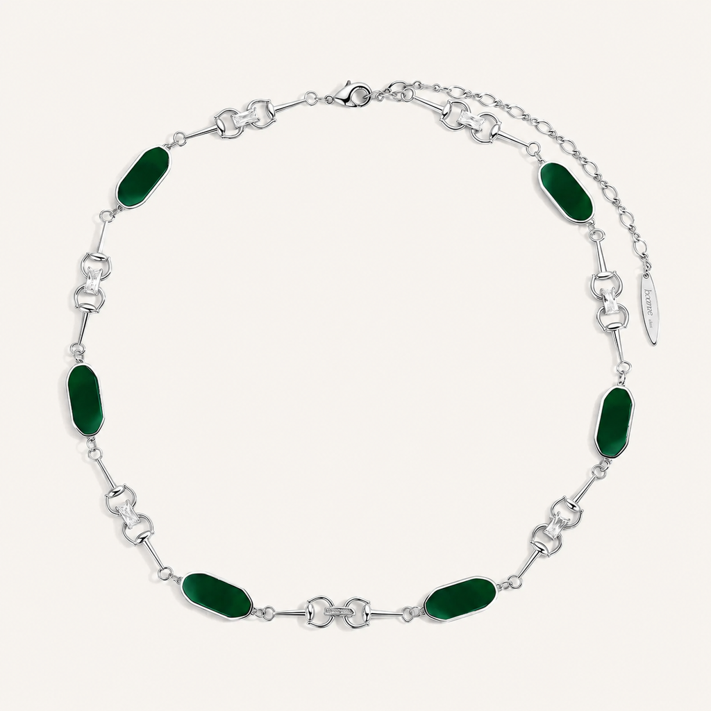 Vintage Red & Green Agate Horsebit Collarbone Necklace with Polished Metal Links