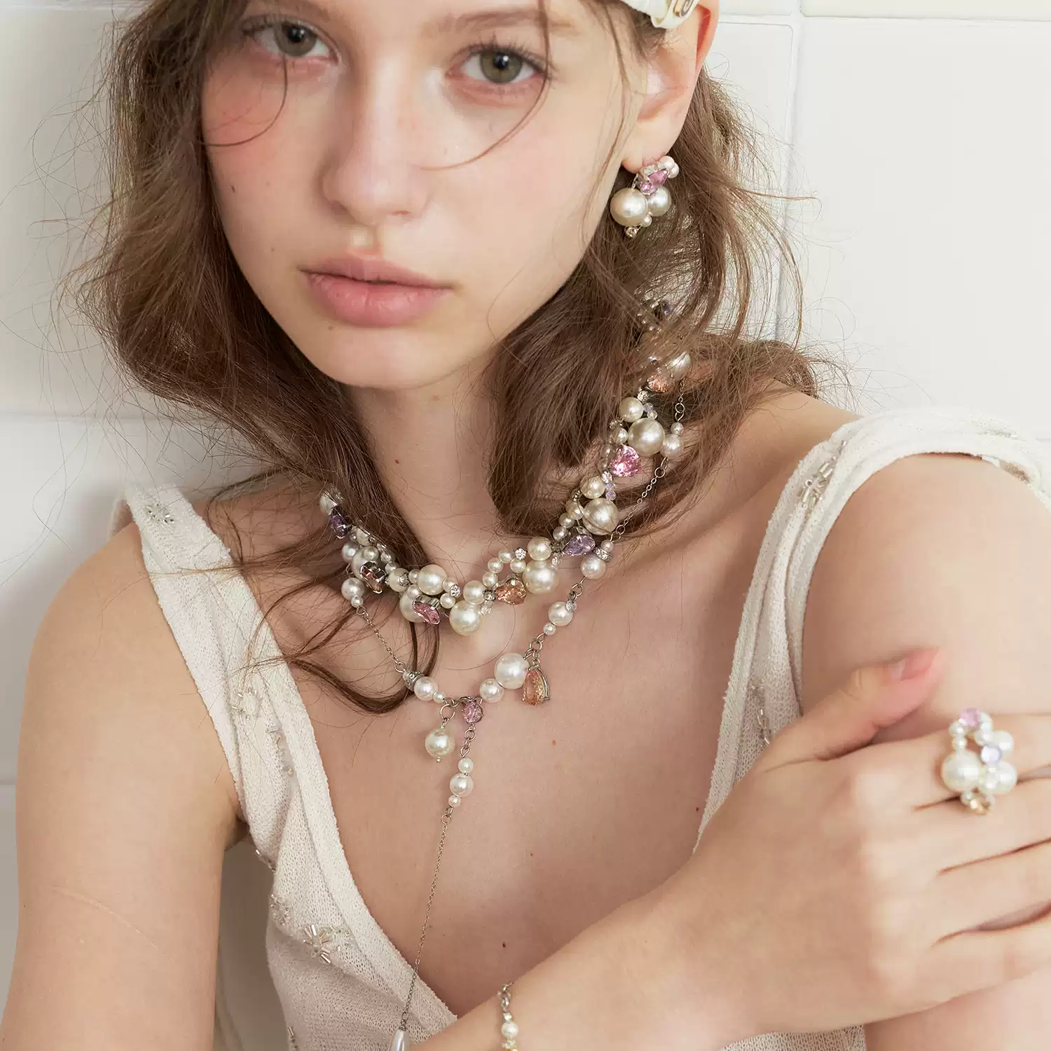 Romantic Pearl Drop Necklace with Pink Crystal Charm and Layered Silver-Tone Chain