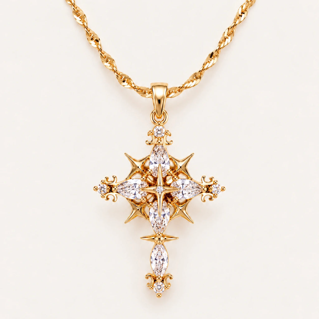 Gold Celestial Gothic Cross Necklace with Clear Zirconia Accents on an Ivory Background