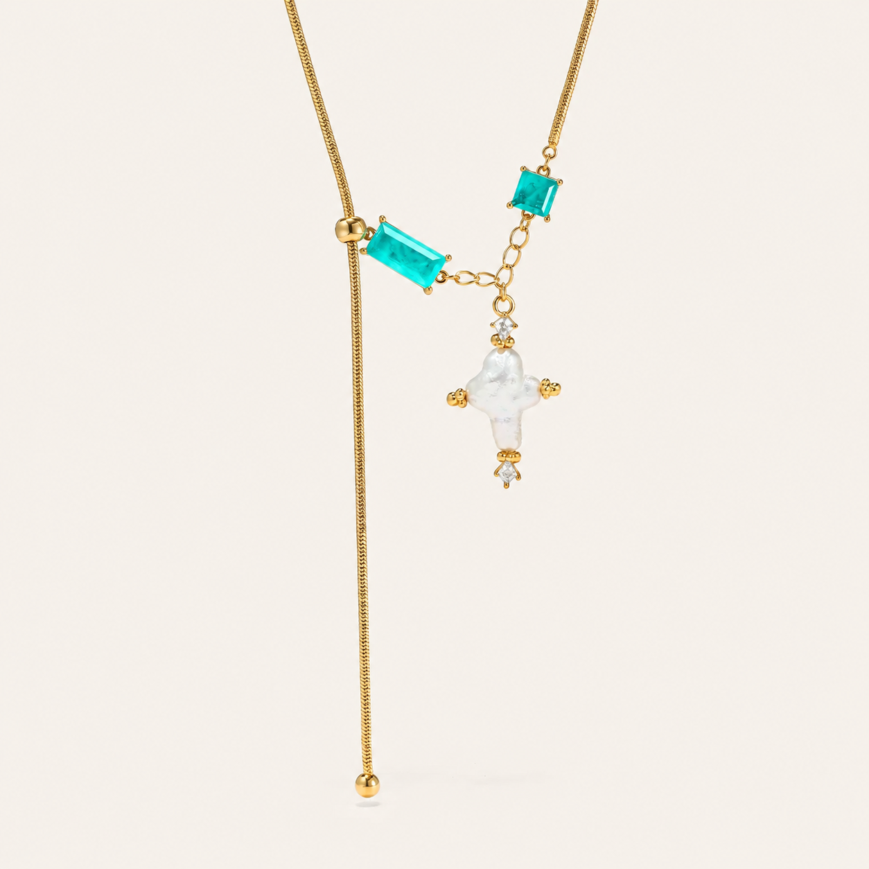 Baroque Cross Color-Block Slider Necklace with Paraiba Stone & Pearl Pendant
