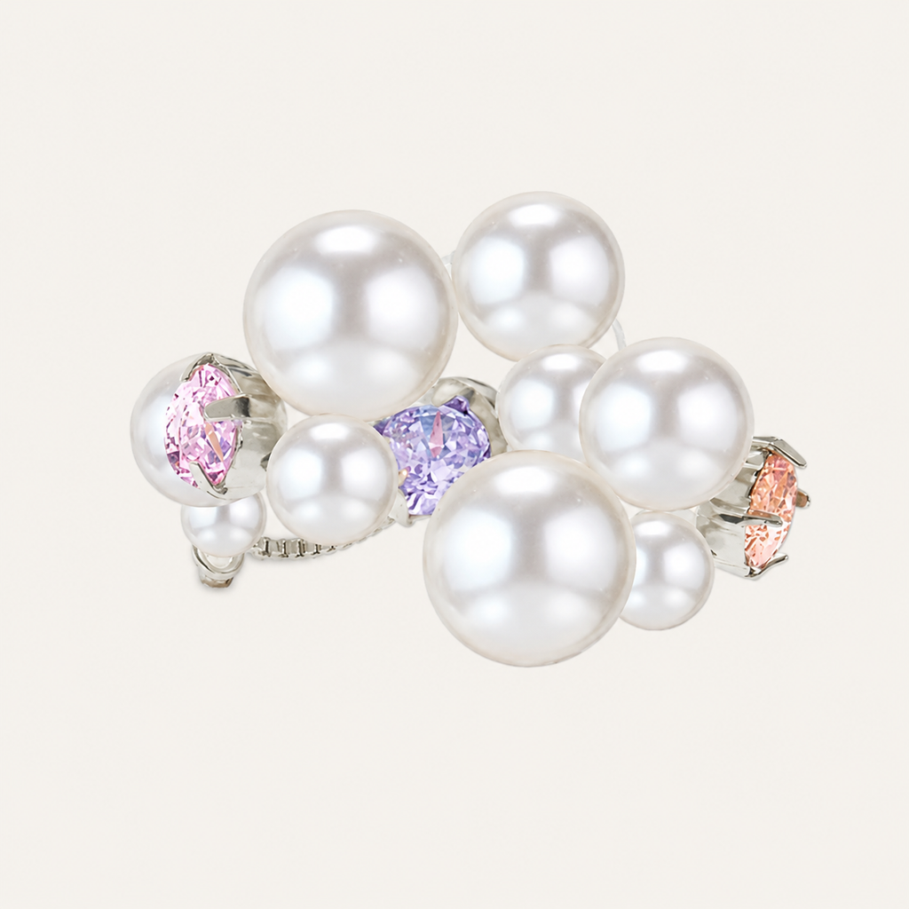 Pearl Crystal Cluster Adjustable Ring with Pastel Zircon Accents