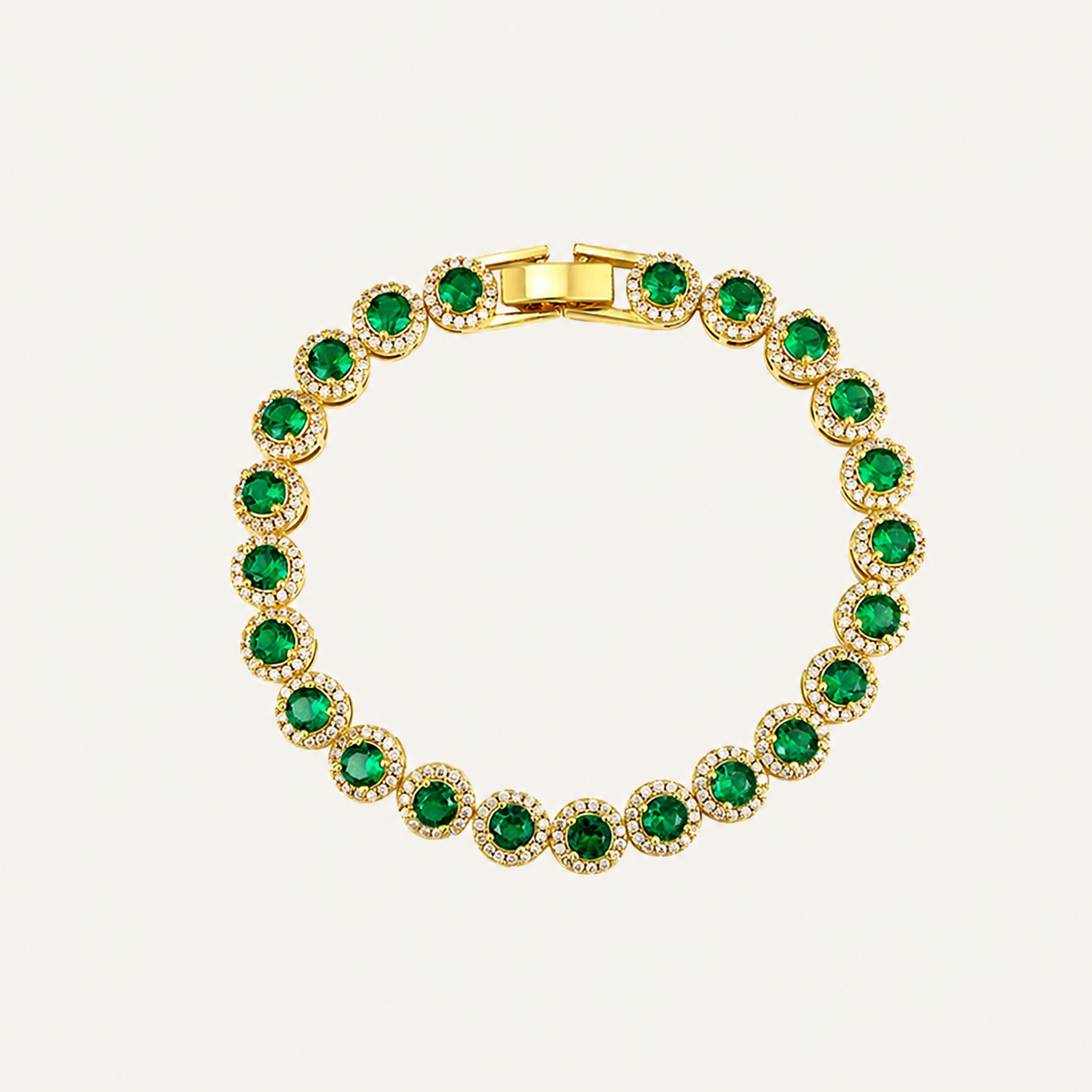 Emerald Green Crystal Tennis Bracelet with Gold-Plated Finish & Sparkling Rhinestone Halo
