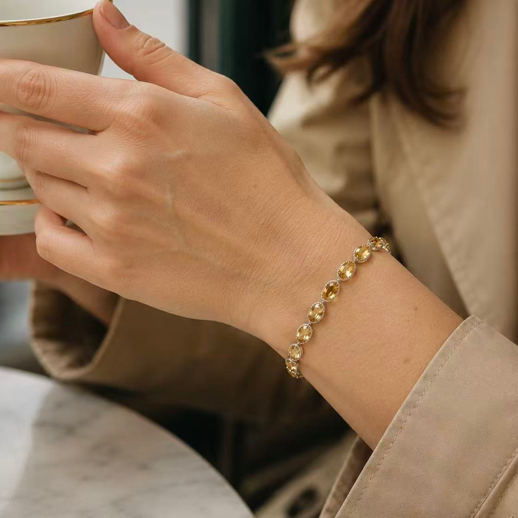 Luxury Dainty Citrine Crystal Bracelet Silver Oval Cut Yellow Gemstone Wealth &amp Abundance Bracelet Minimalist Prosperity Jewelry