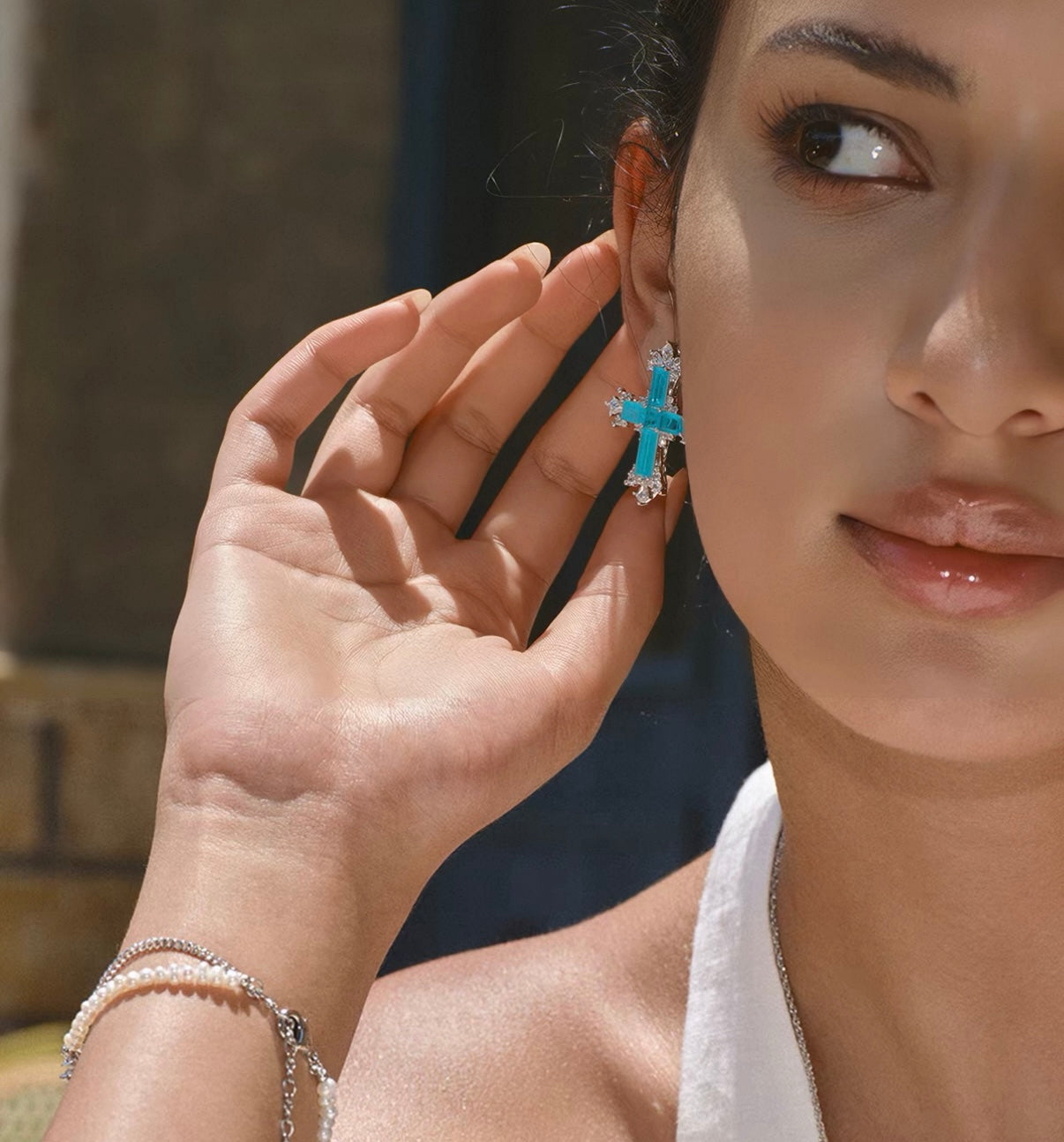 Sparkling Paraiba Cross Statement Earrings with Cubic Zirconia Accents