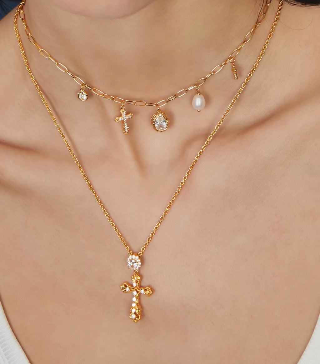 Starlight Aura Cross Pearl Charm Necklace