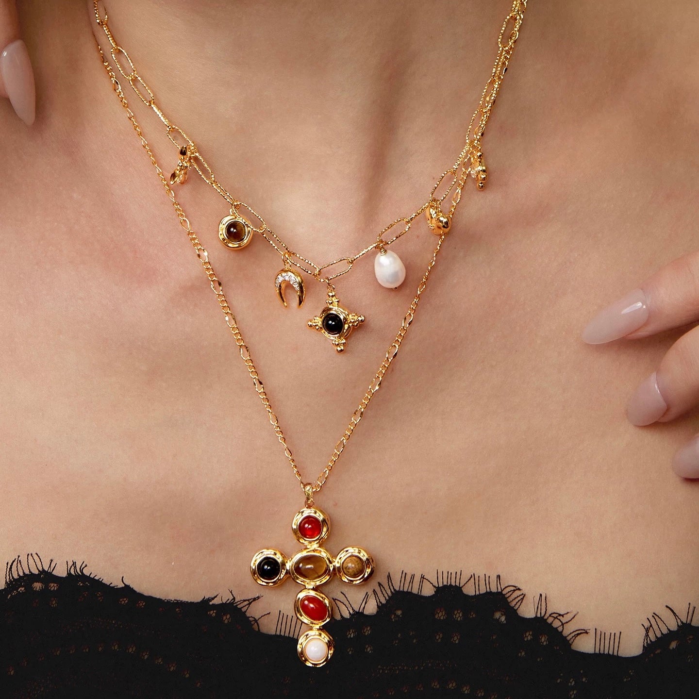 Starlight Aura Five-Stone Cross Necklace