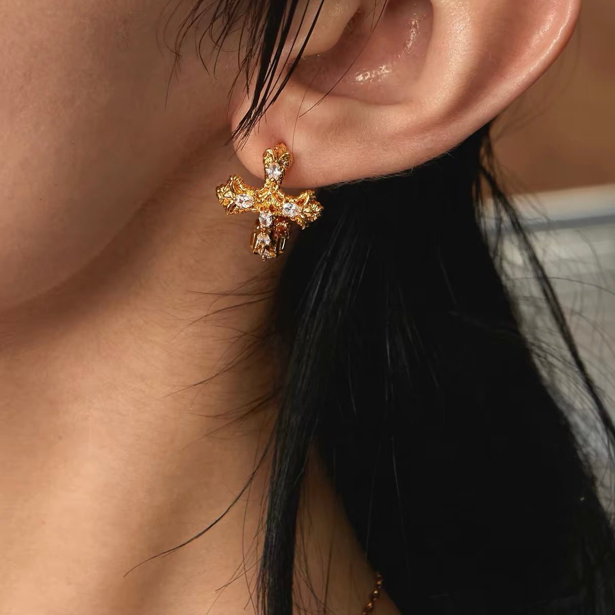 Vintage Cross Crystal C-Hoop Earrings