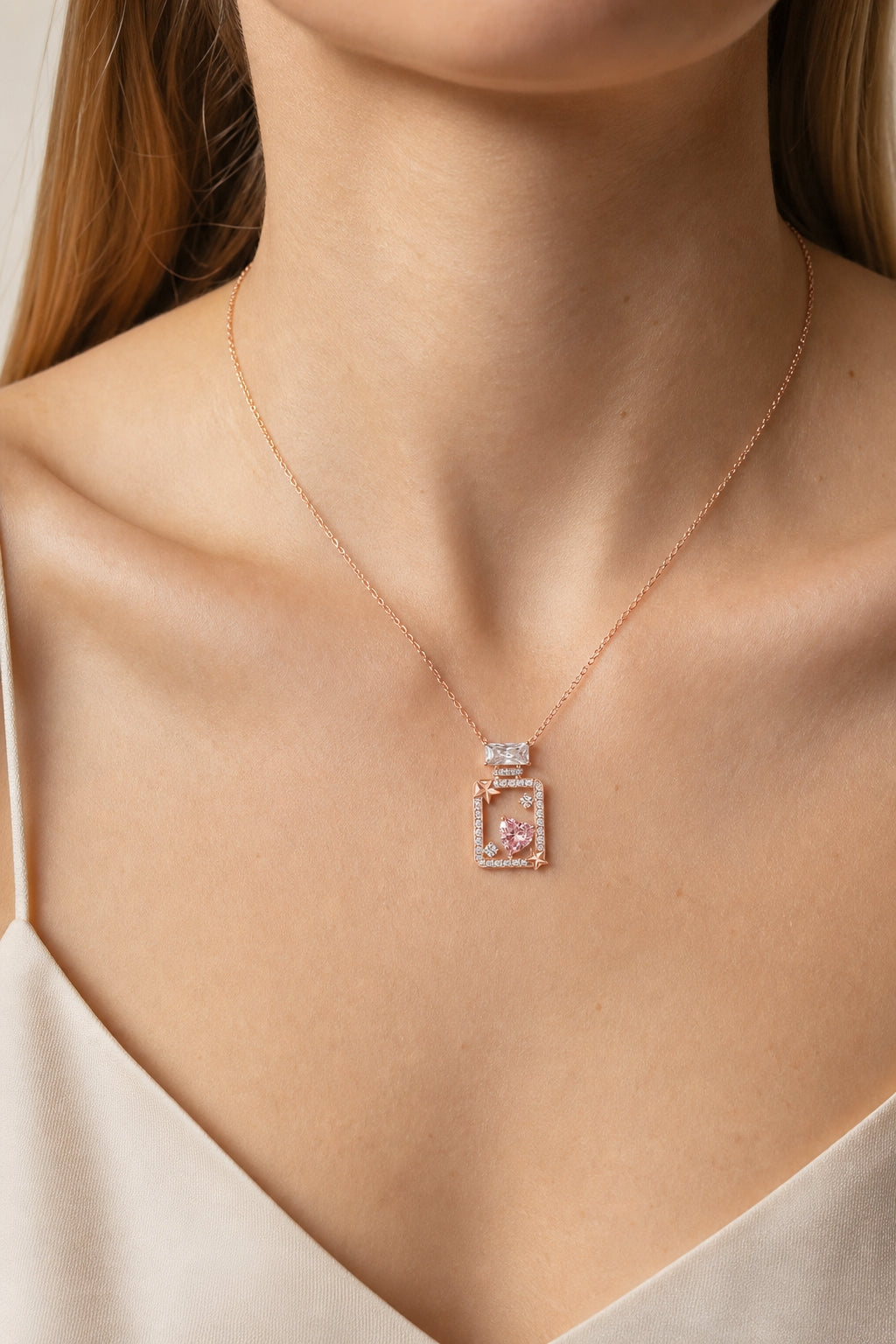 Starlight Aura Rose Gold Heart Perfume Bottle Pendant Necklace