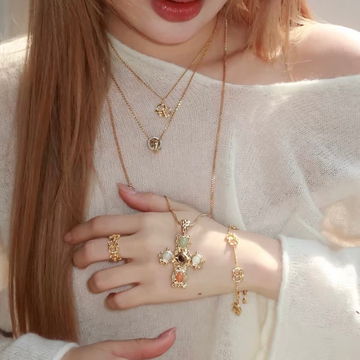 Vintage Gold Cross Pendant Necklace with Tiger Eye & Natural Stone Accents
