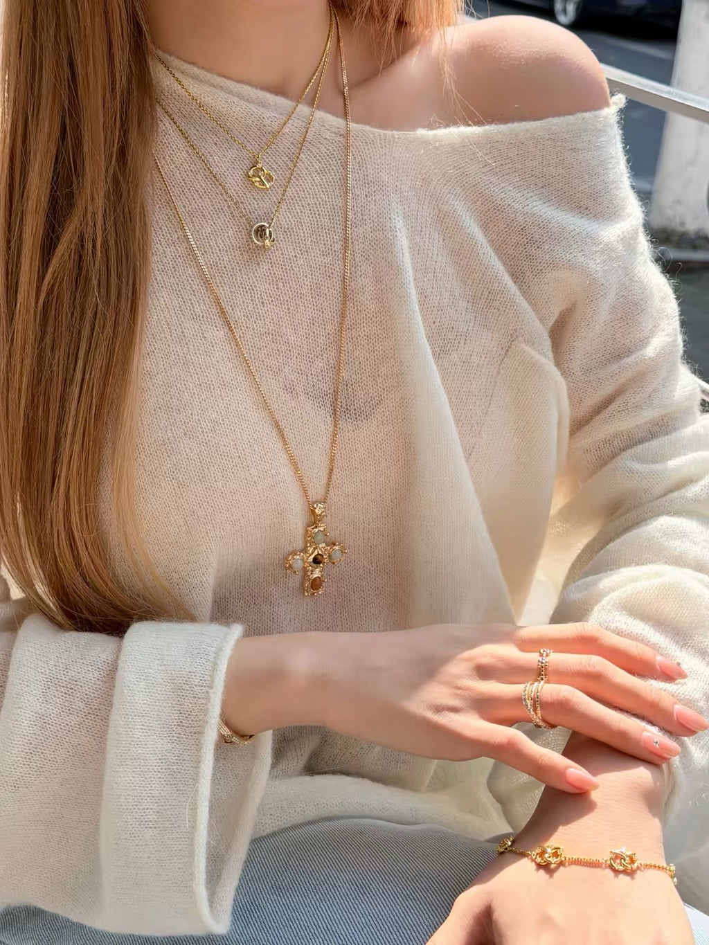 Vintage Gold Cross Pendant Necklace with Tiger Eye & Natural Stone Accents