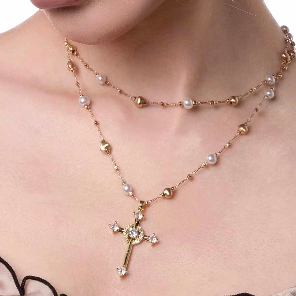 Starlight Aura Layered Cross Pearl Necklace