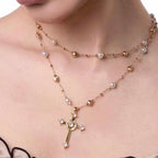 Starlight Aura Layered Cross Pearl Necklace