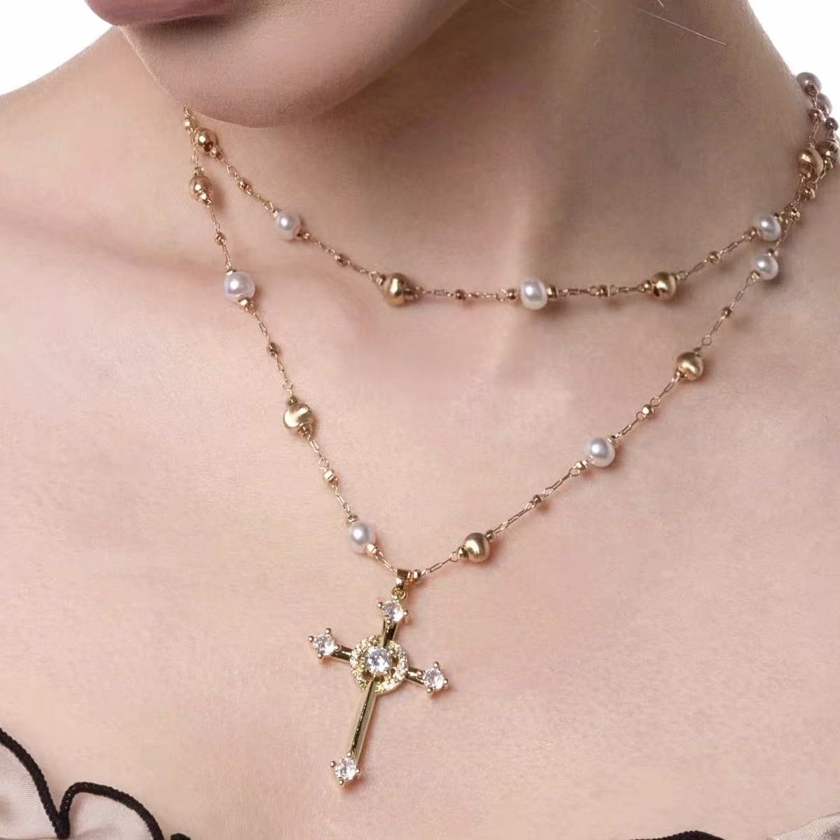 Starlight Aura Layered Cross Pearl Necklace