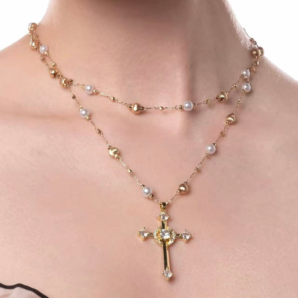 Starlight Aura Layered Cross Pearl Necklace