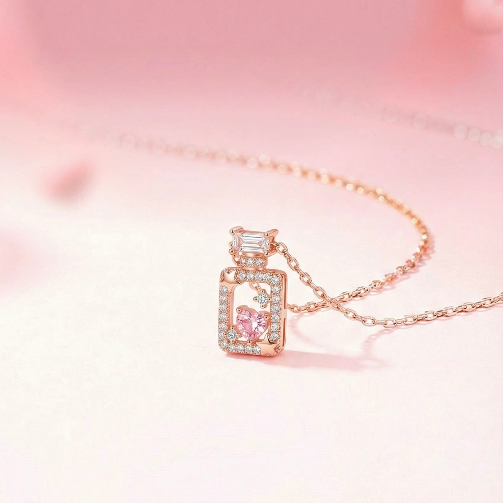 Starlight Aura Rose Gold Heart Perfume Bottle Pendant Necklace