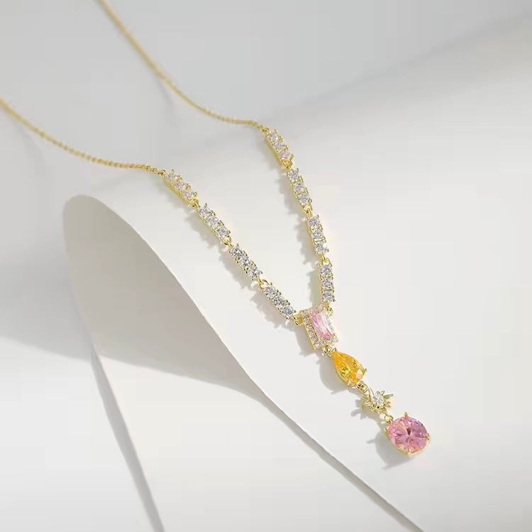 Yellow & Pink Zircon Tassel Necklace