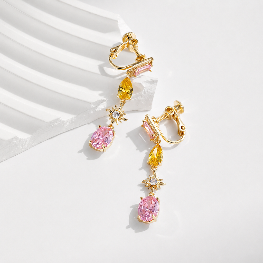 Yellow & Pink Zircon Tassel Earrings