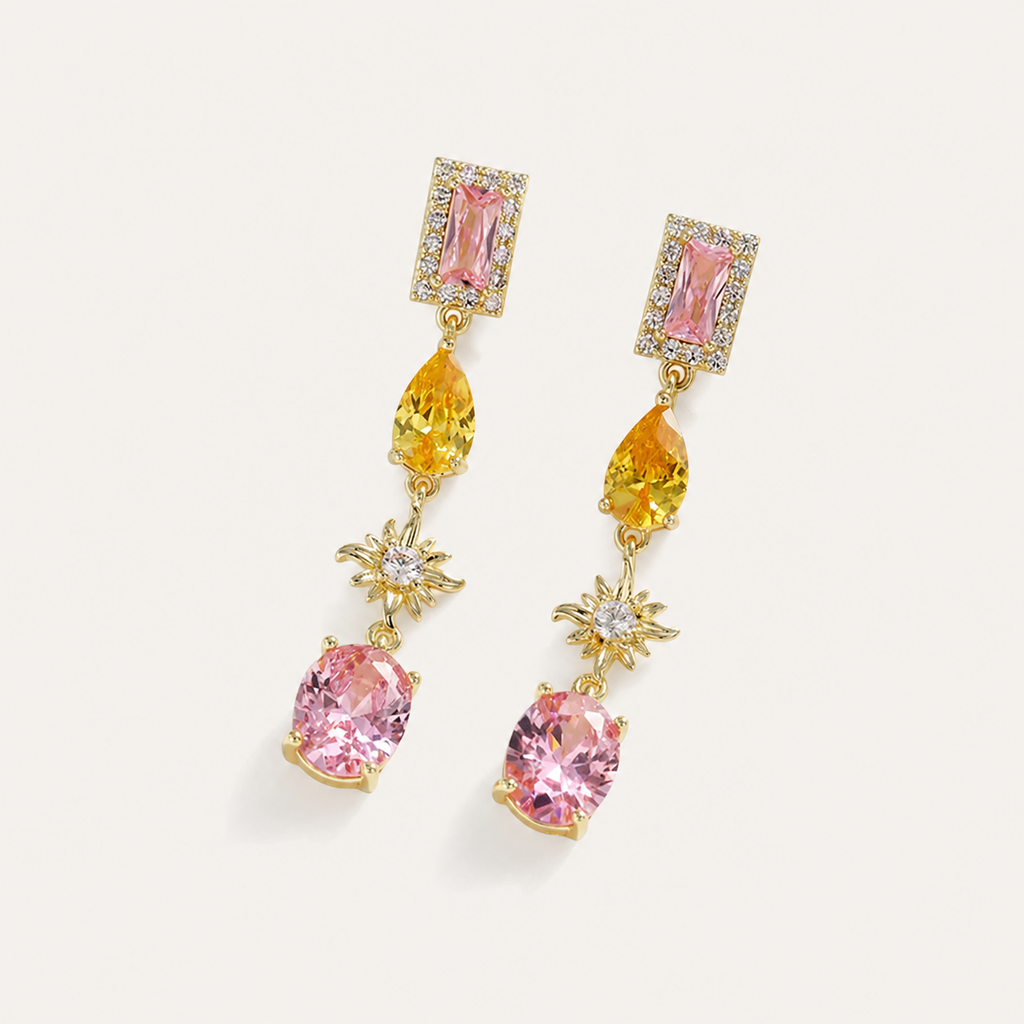Yellow & Pink Zircon Tassel Earrings