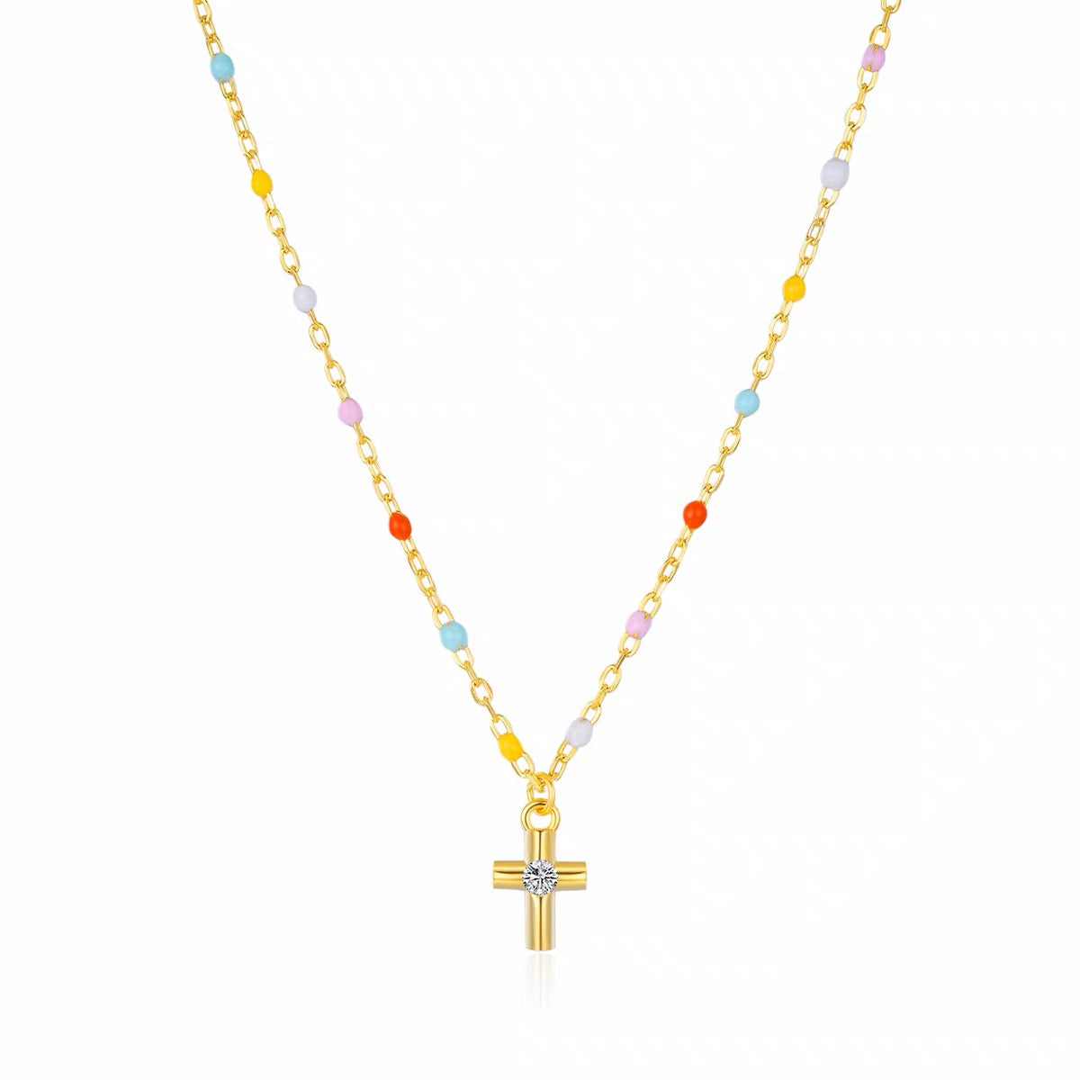 Joyful Light Colorful Beaded Cross Necklace