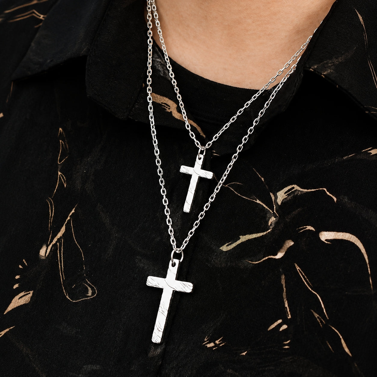 Starlight Aura Dual-Texture Sterling Silver Cross Pendant Necklace