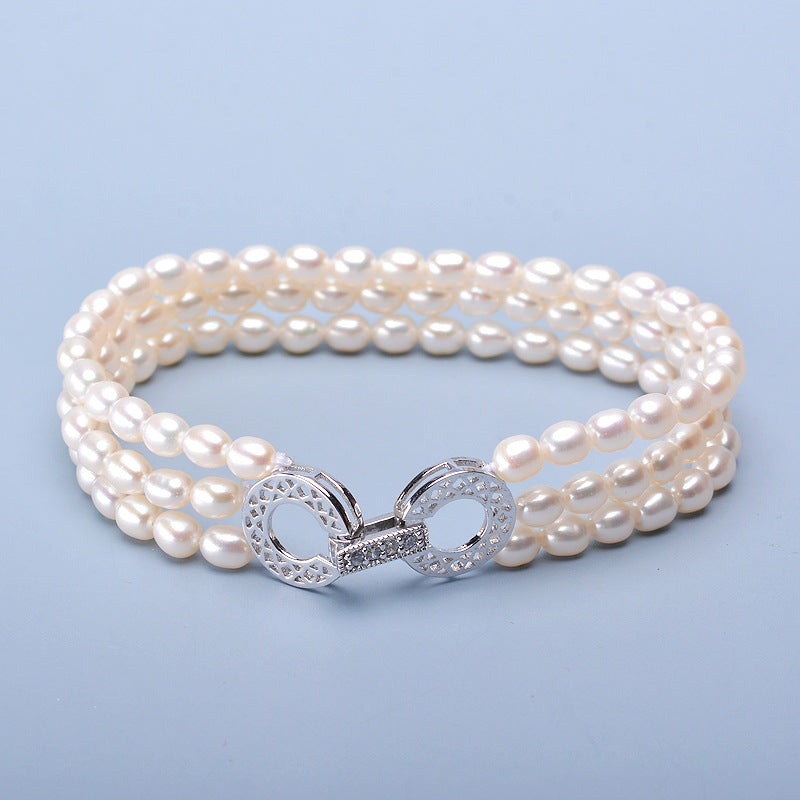 Dailan freshwater pearl bracelet, beige shape strong brightness three-row bracelet, 4-5mm, milmile-shaped almost flawless pearls