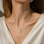 Gold Cross Pendant Necklace with Turquoise Beads – Sparkling Crystal Chain Jewelry