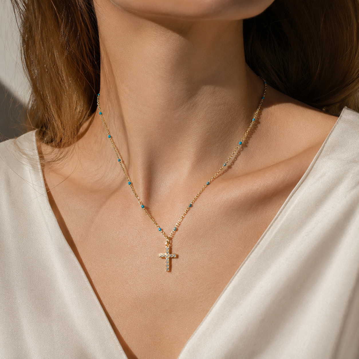 Gold Cross Pendant Necklace with Turquoise Beads – Sparkling Crystal Chain Jewelry