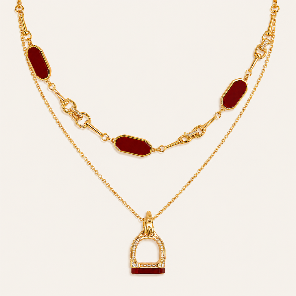 Vintage Red & Green Agate Horsebit Stirrup Layered Necklace Set with Pavé Pendant