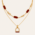 Vintage Red & Green Agate Horsebit Stirrup Layered Necklace Set with Pavé Pendant