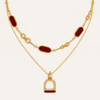 Vintage Red & Green Agate Horsebit Stirrup Layered Necklace Set with Pavé Pendant