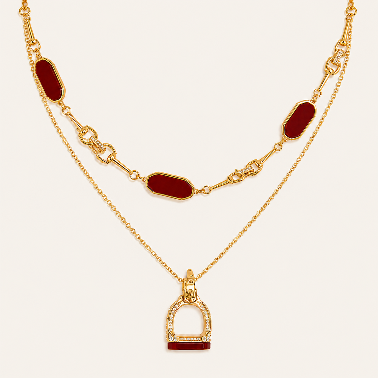 Vintage Red & Green Agate Horsebit Stirrup Layered Necklace Set with Pavé Pendant