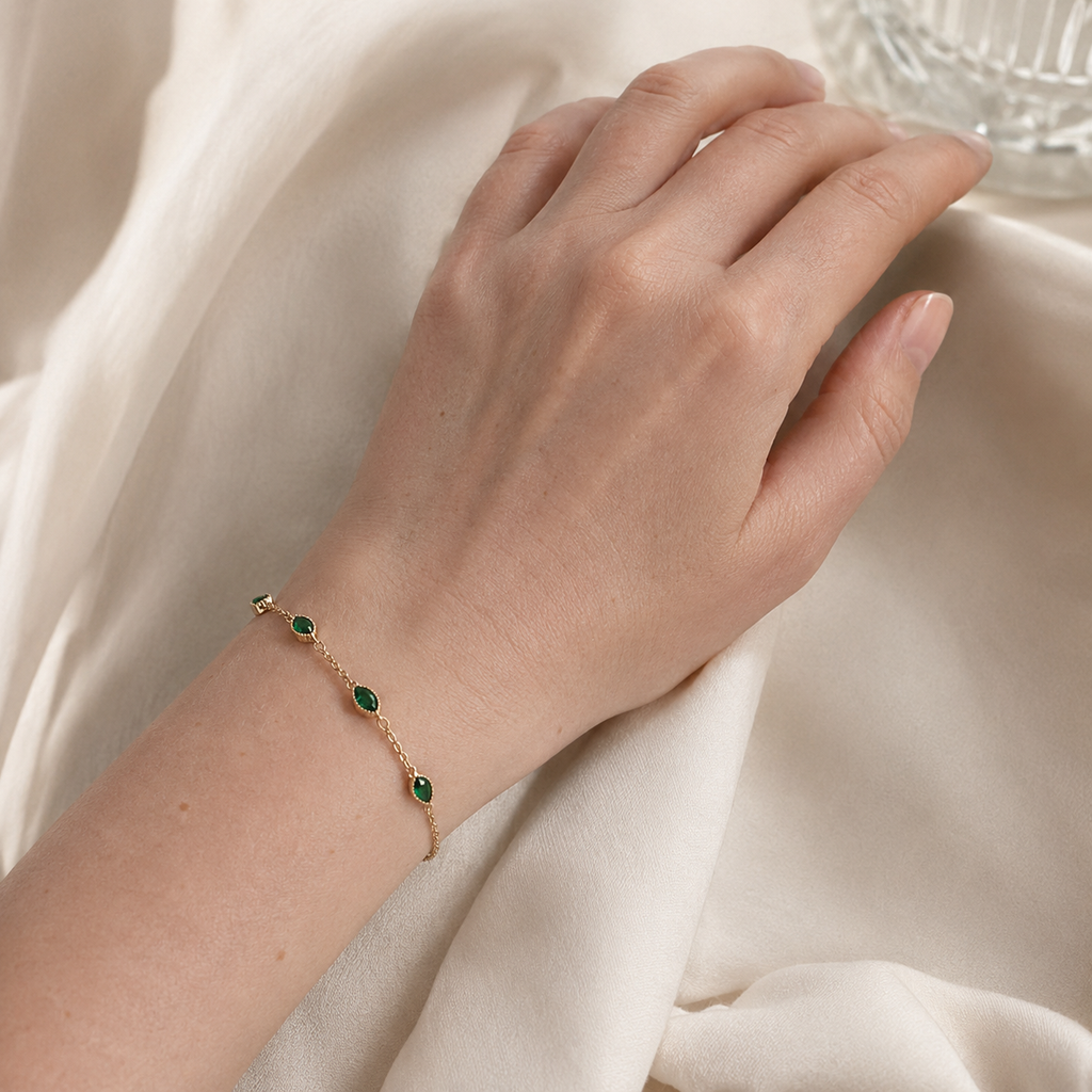 14K Gold Plated Emerald Bracelet for Women — S925 Sterling Silver Multi-Cut Emerald Bezel Set Bangle Bracelet | Minimalist Luxury Everyday Jewelry