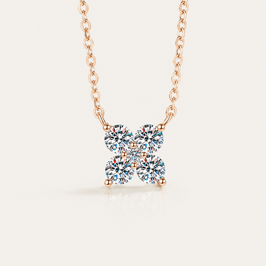 Rose Gold Four-Stone Clover Necklace – Sparkling Crystal Pendant Jewelry