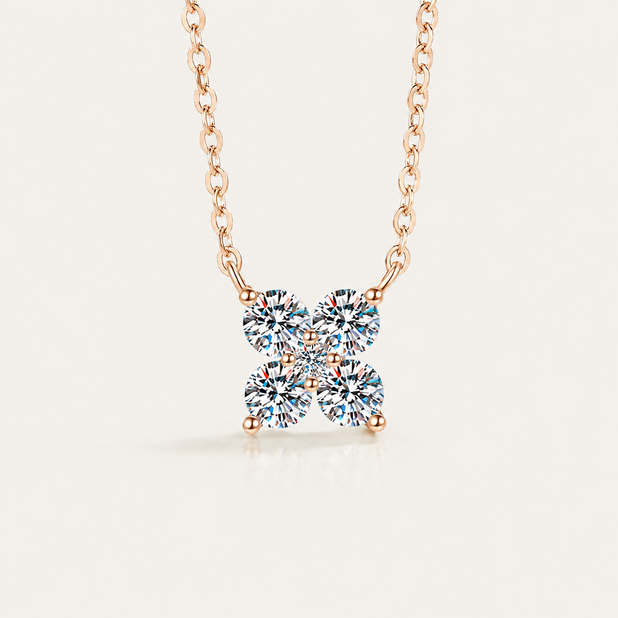 Rose Gold Four-Stone Clover Necklace – Sparkling Crystal Pendant Jewelry