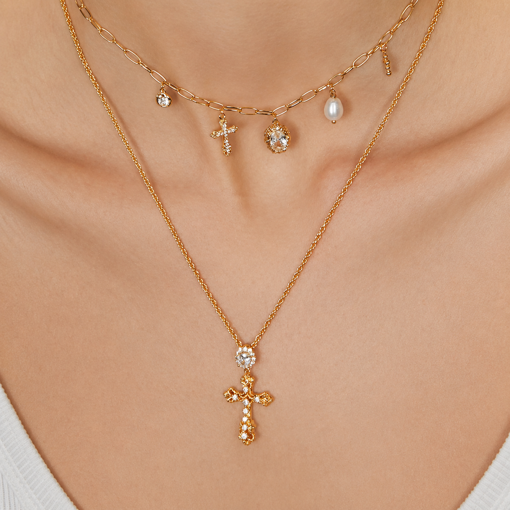 Vintage Gold Cross Pendant Necklace with Sparkling Cubic Zirconia