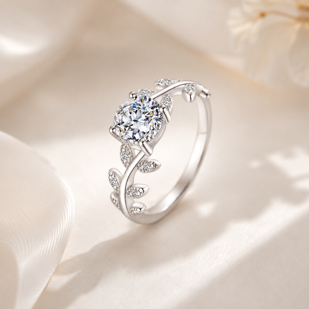 Laurel Branch Moissanite Ring – 925 Sterling Silver Adjustable Leaf Engagement Ring for Women