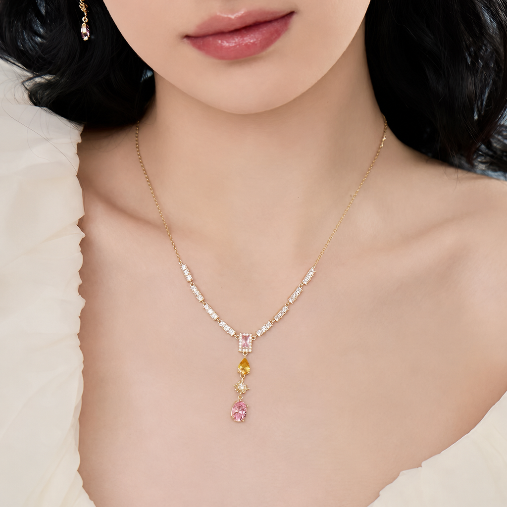 Yellow & Pink Zircon Tassel Necklace