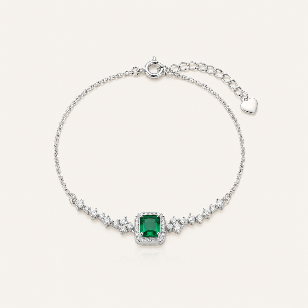 Emerald Green Halo Sterling Silver Bracelet Light Luxury High-End Diamond