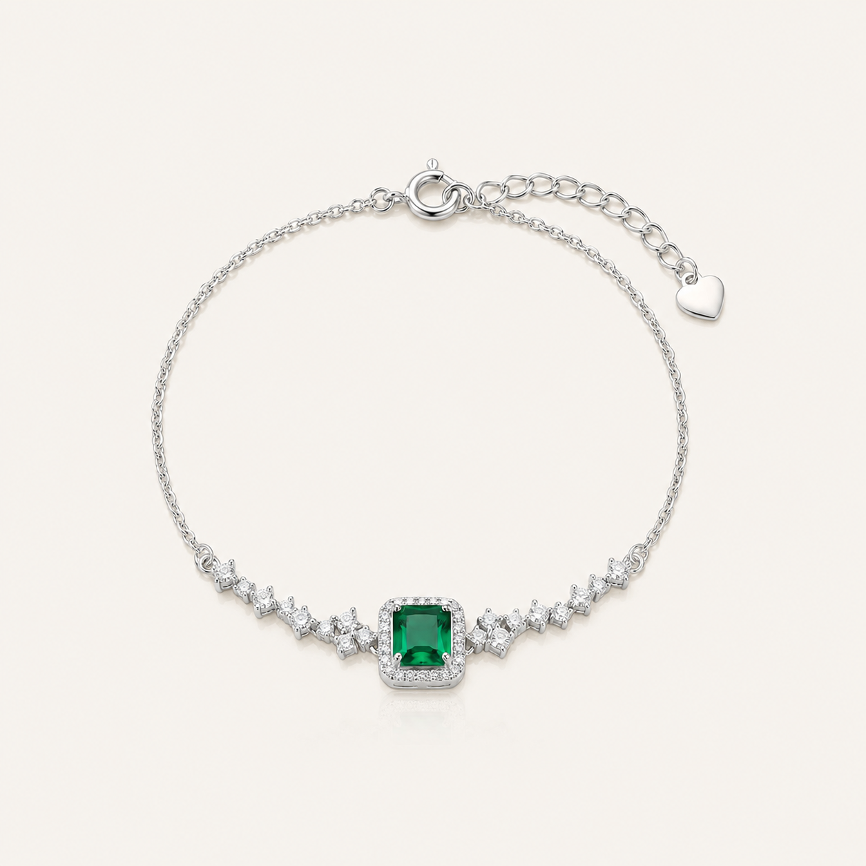 Emerald Green Halo Sterling Silver Bracelet Light Luxury High-End Diamond