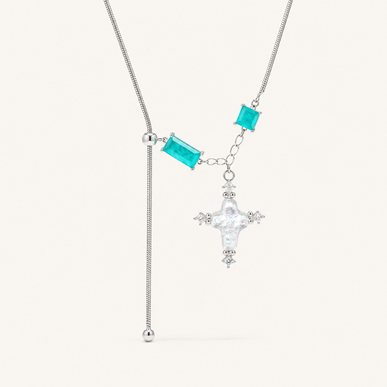 Baroque Cross Color-Block Slider Necklace with Paraiba Stone & Pearl Pendant